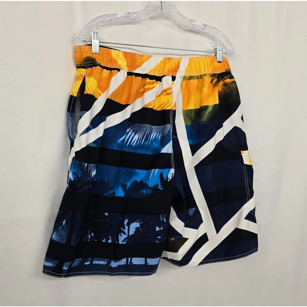 Maui Waves Swim Trunks Men's 2XL Blue Gold Tropical Mesh Lining Tie Front Pocket